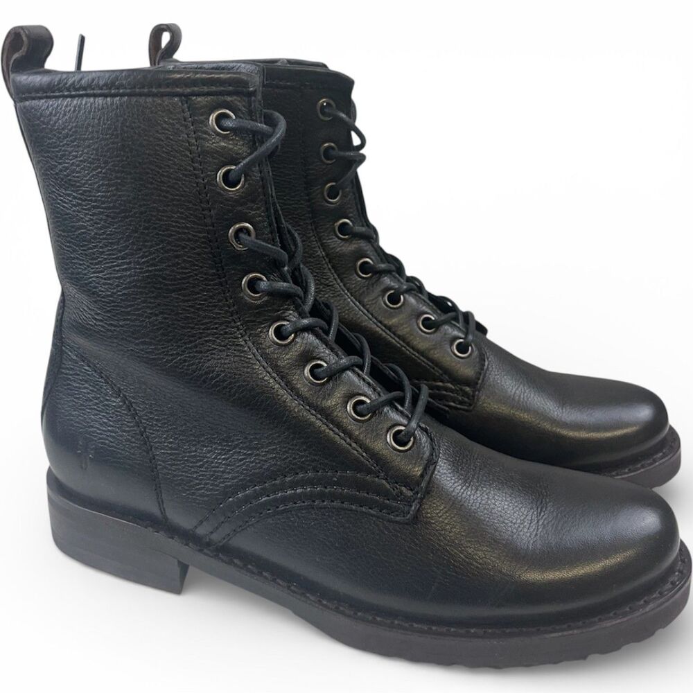 Frye Veronica Women’s Lace Up Combat Boots Black Italian Leather Womens Size 6.5